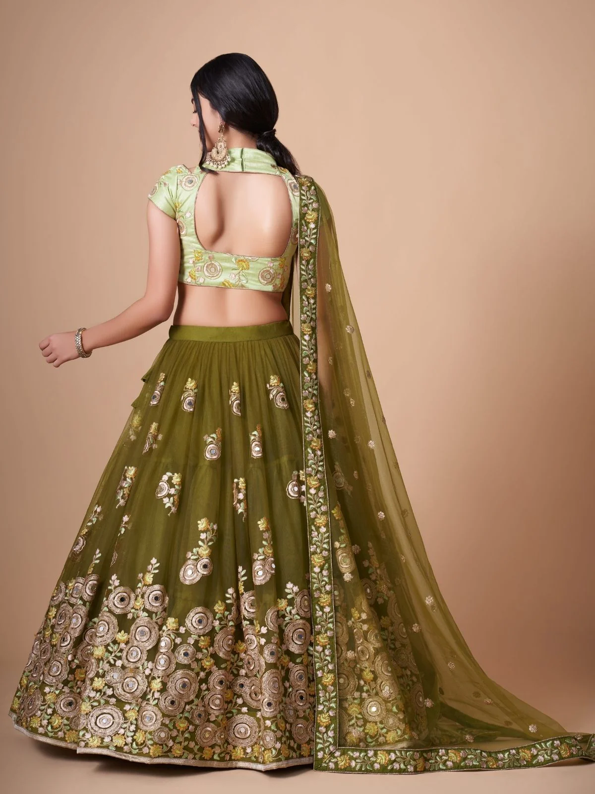 Odette Olive Soft Net Embroidered Semi Stitched Lehenga With Blouse For Women - Image 4