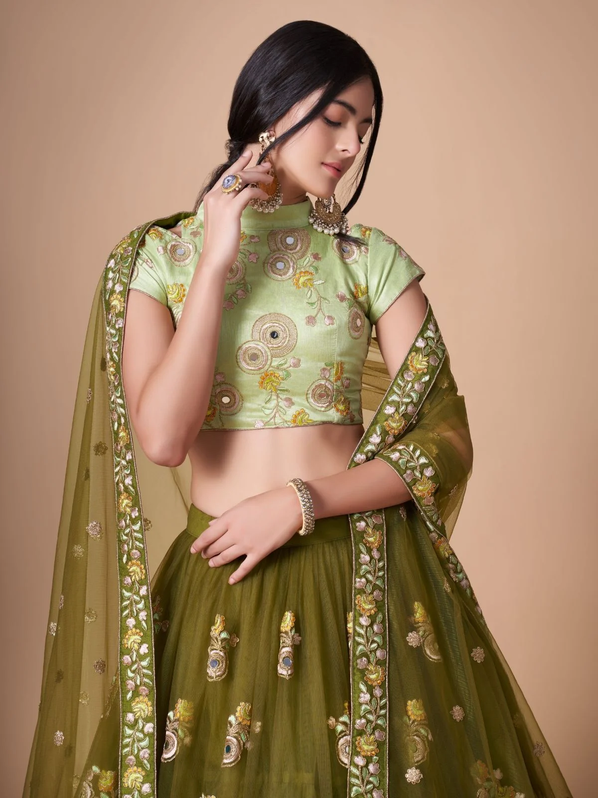 Odette Olive Soft Net Embroidered Semi Stitched Lehenga With Blouse For Women - Image 5