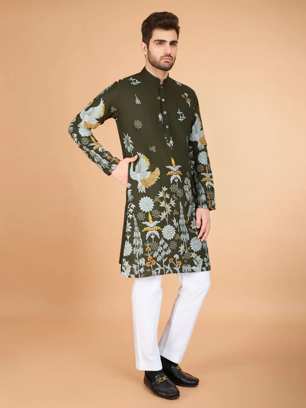 Odette Olive Viscose Rayon Stitched Kurta For Men - Image 4
