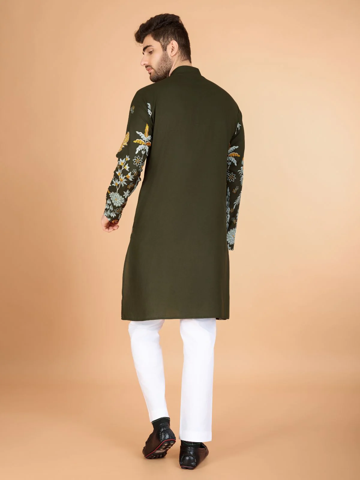 Odette Olive Viscose Rayon Stitched Kurta For Men - Image 5