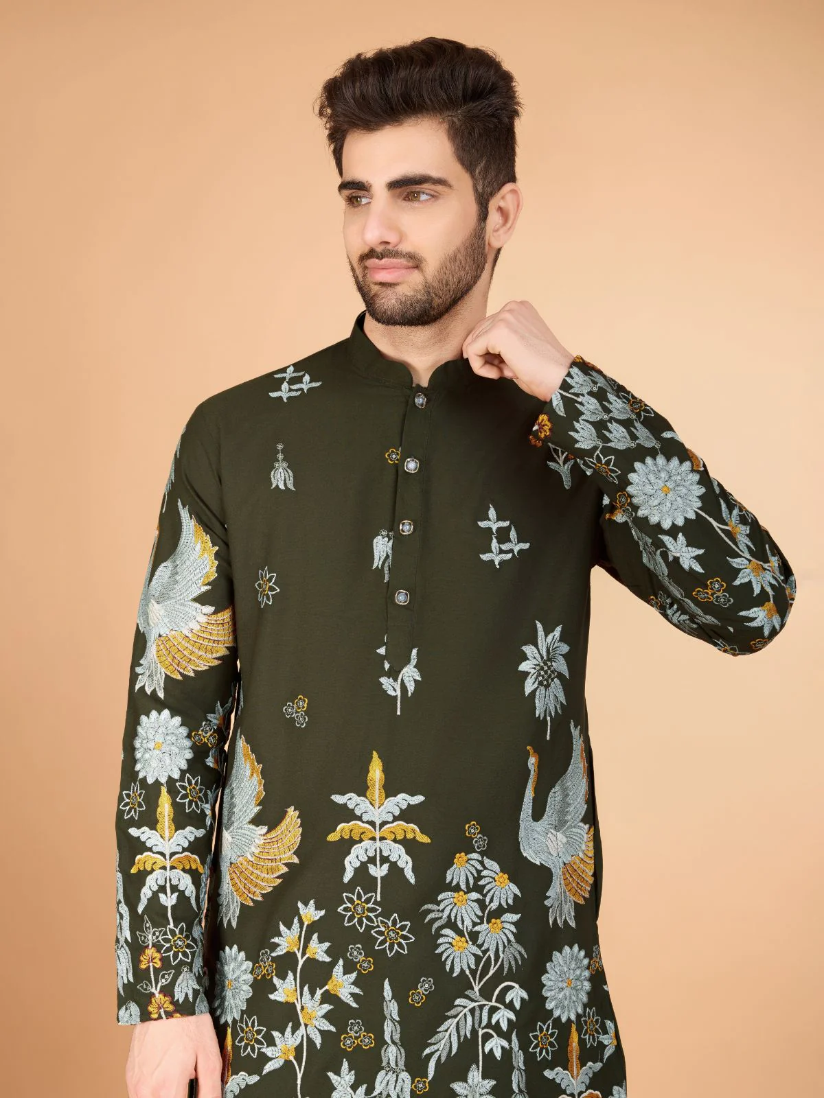 Odette Olive Viscose Rayon Stitched Kurta For Men - Image 6