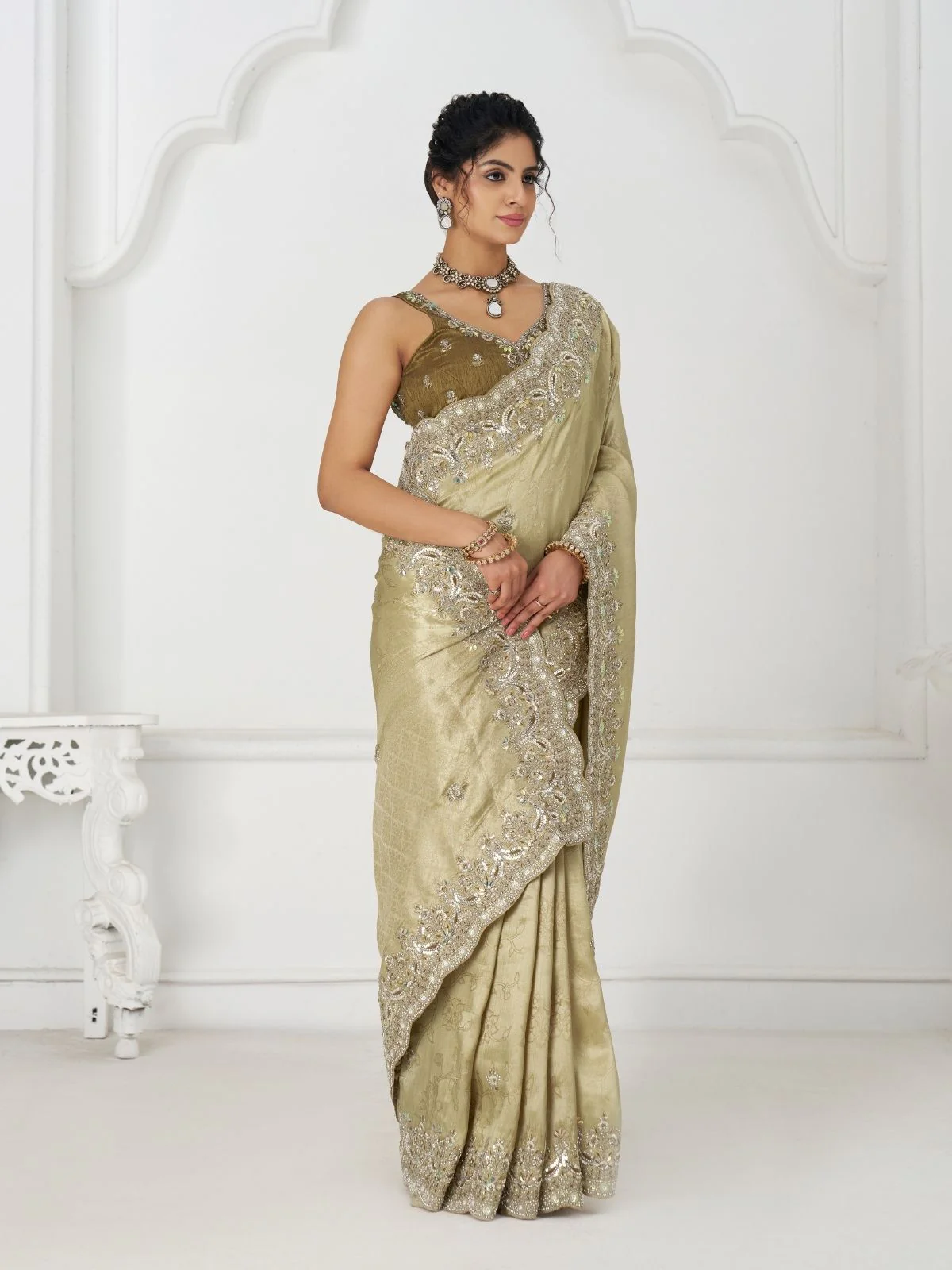 Odette Olive Viscose Silk Embellished Saree For Women - Image 2