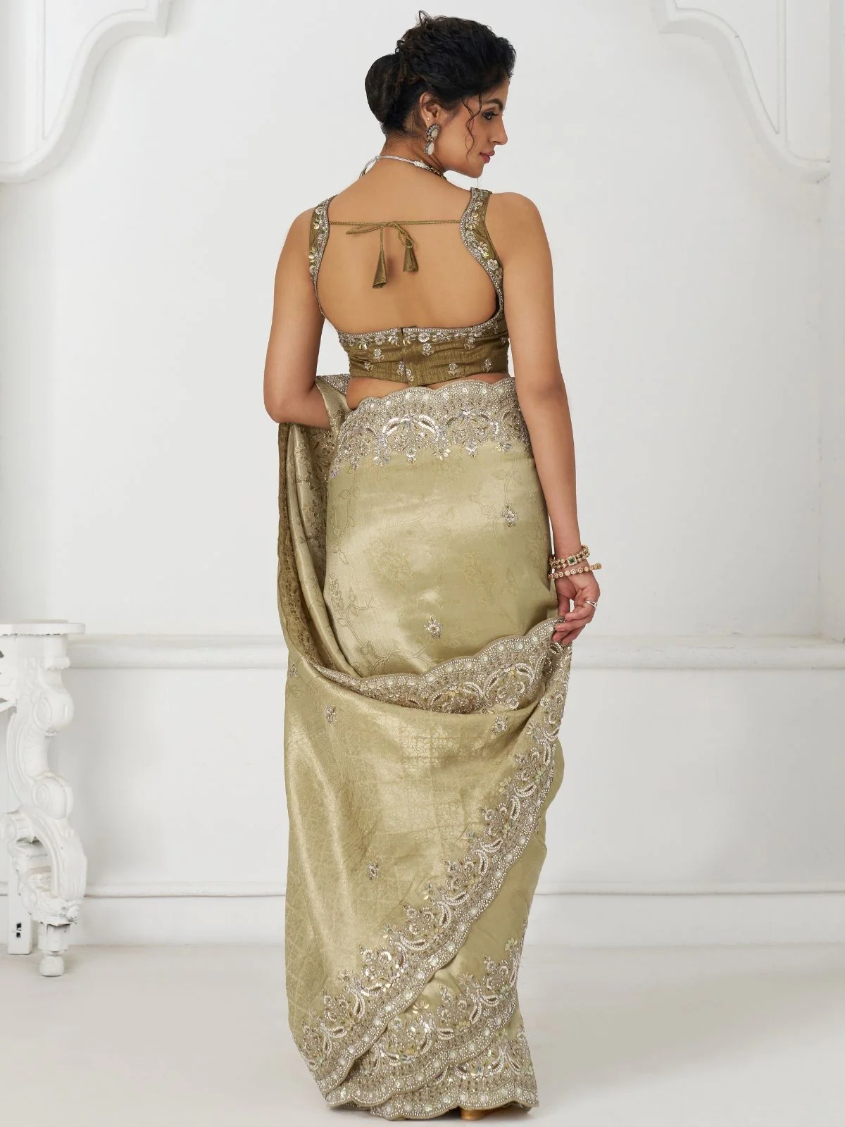 Odette Olive Viscose Silk Embellished Saree For Women - Image 3