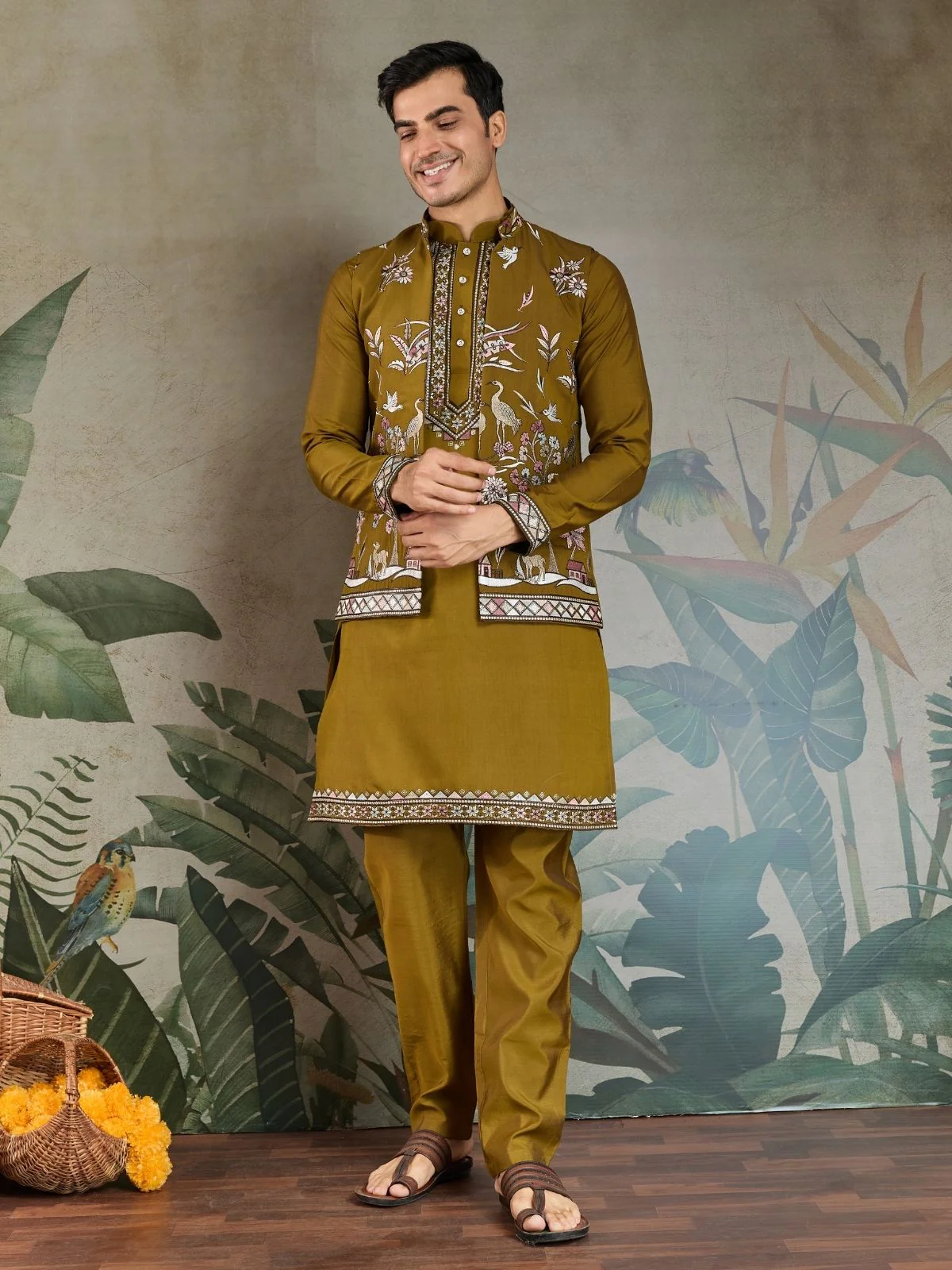 Odette Olive Viscose Silk Embroidered Stitched Kurta Set For Men - Image 2