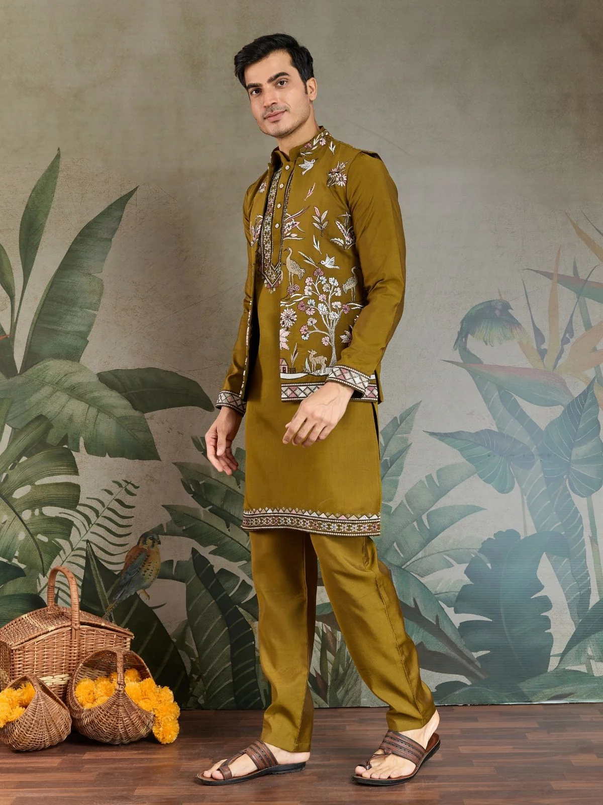 Odette Olive Viscose Silk Embroidered Stitched Kurta Set For Men - Image 3