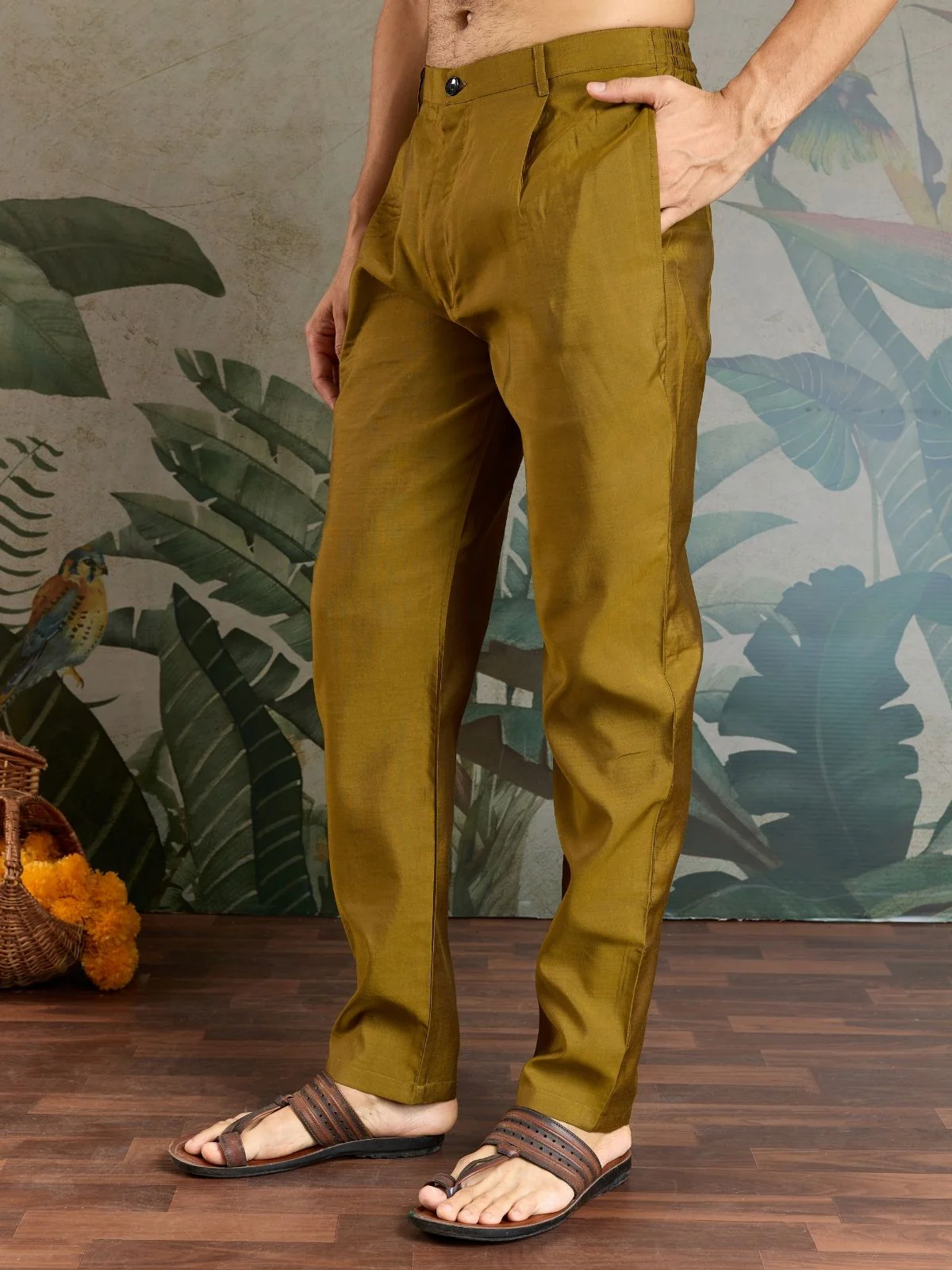 Odette Olive Viscose Silk Embroidered Stitched Kurta Set For Men - Image 7