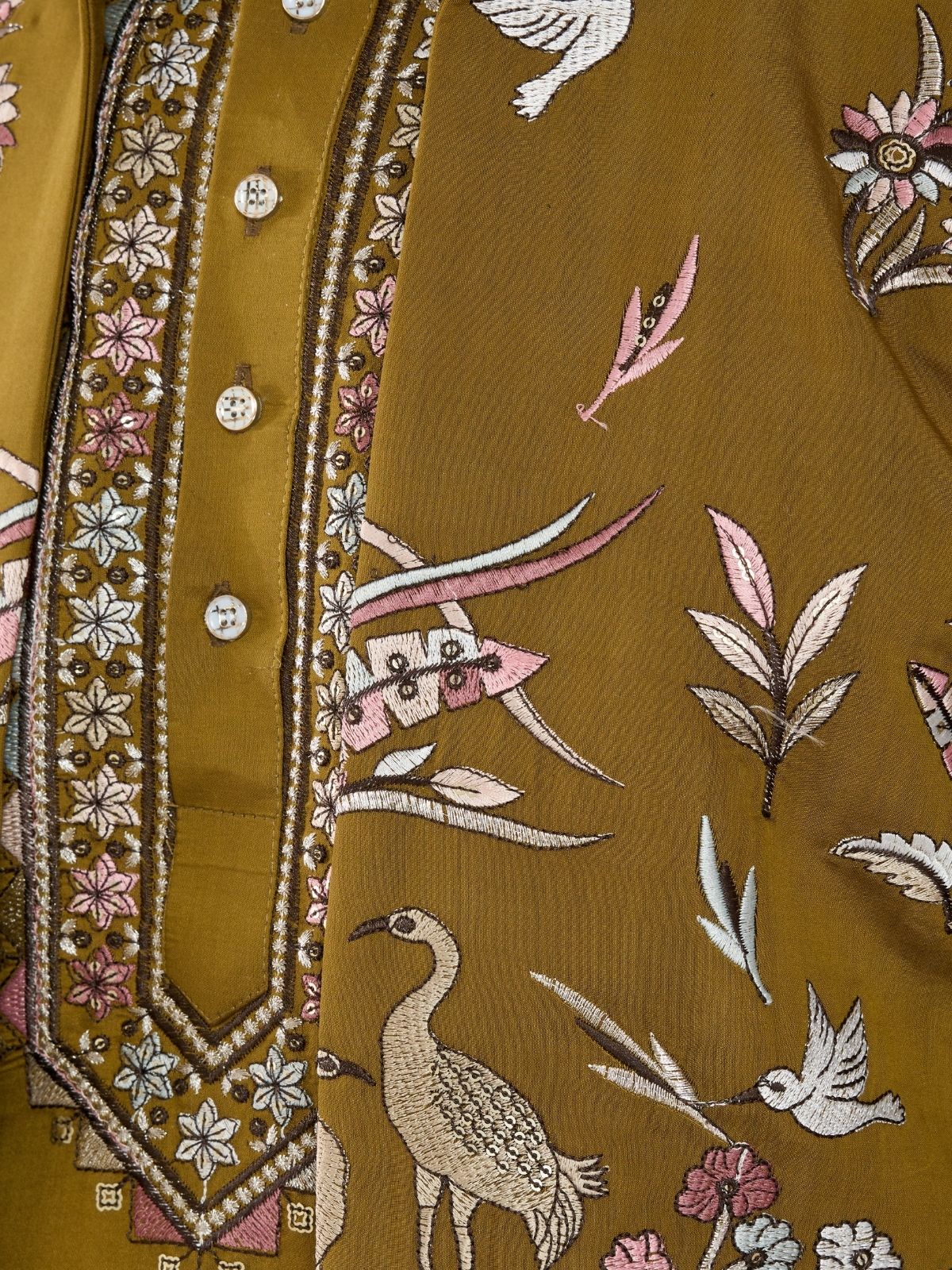 Odette Olive Viscose Silk Embroidered Stitched Kurta Set For Men - Image 8
