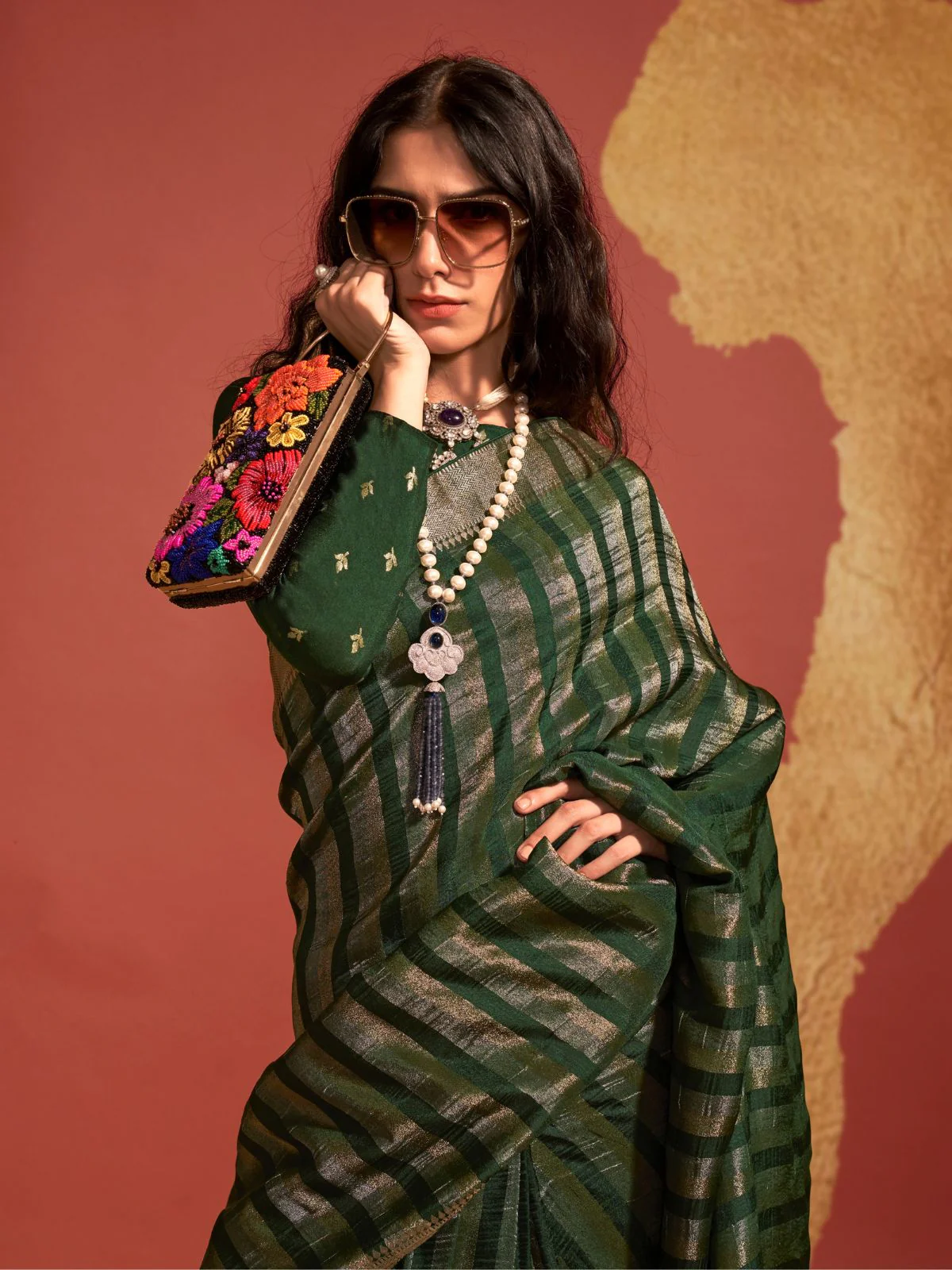 Odette Olive Viscose Woven Saree With Unstitched Blouse For Women - Image 2