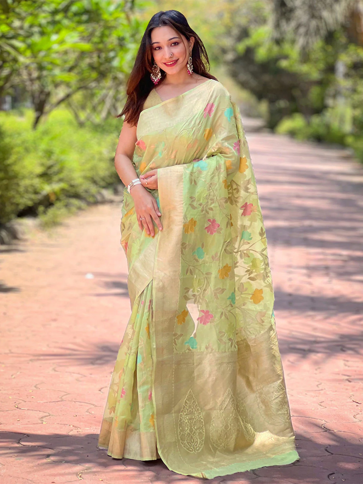 Odette Olive Woven Design Organza Saree With Unstitched Blouse For Women