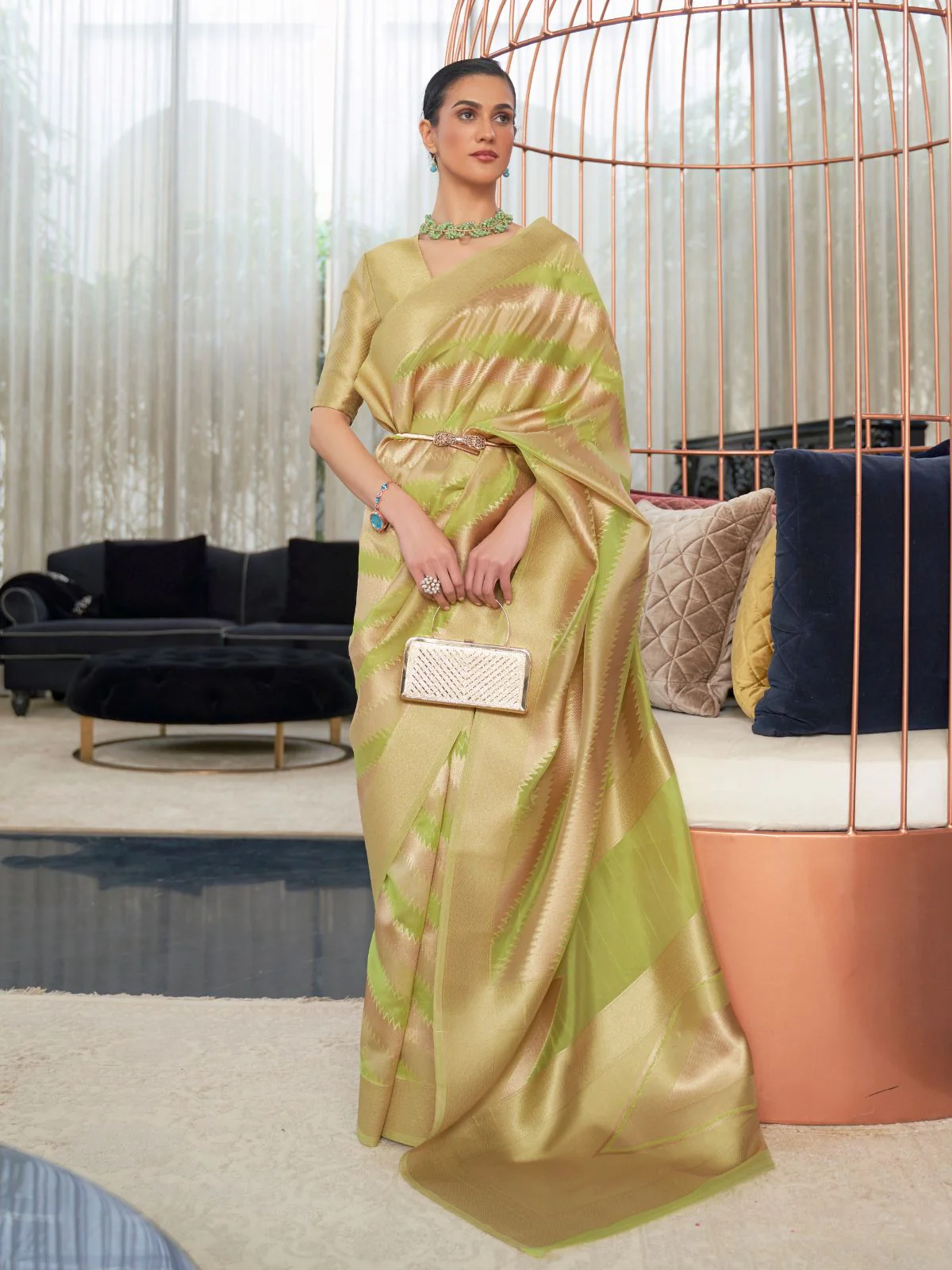 Odette Olive Woven Design Silk Blend Saree With Unstitched Blouse For Women - Image 2