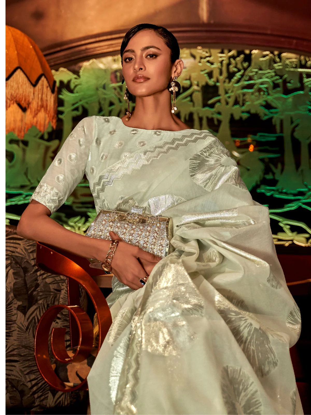 Odette Lime Woven Design Silk Blend Saree With Unstitched Blouse For Women - Image 2