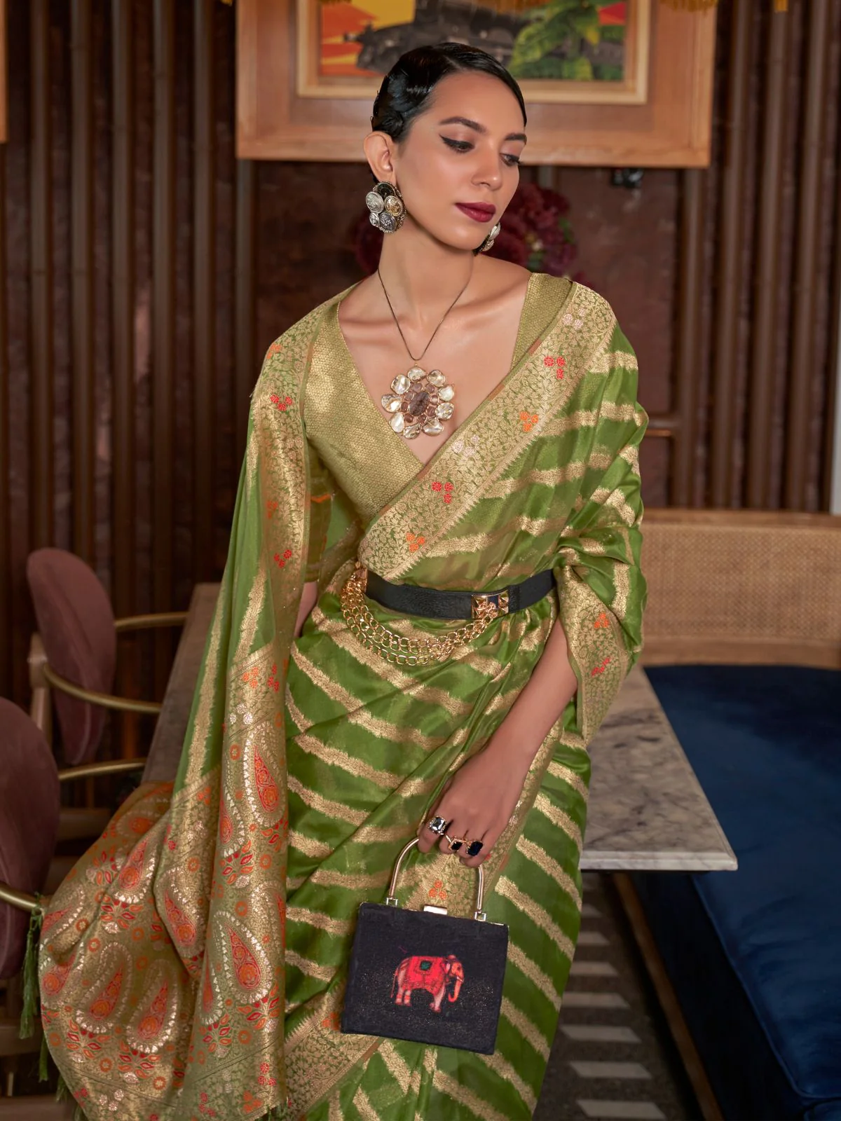 Odette Olive Woven Design Silk Blend Saree With Unstitched Blouse For Women - Image 2