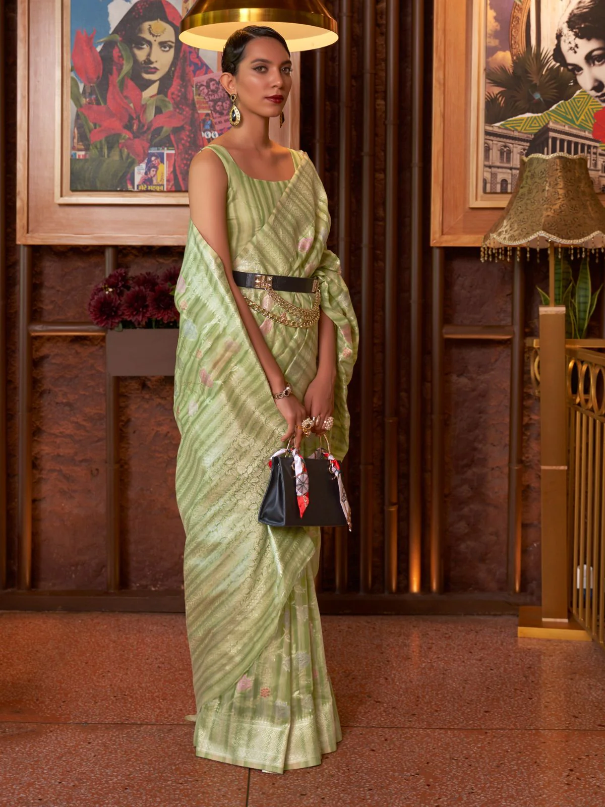 Odette Olive Woven Design Silk Blend Saree With Unstitched Blouse For Women - Image 2