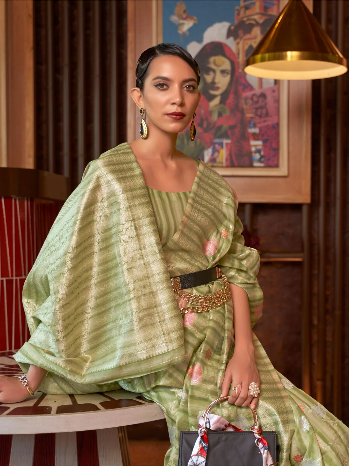 Odette Olive Woven Design Silk Blend Saree With Unstitched Blouse For Women - Image 3