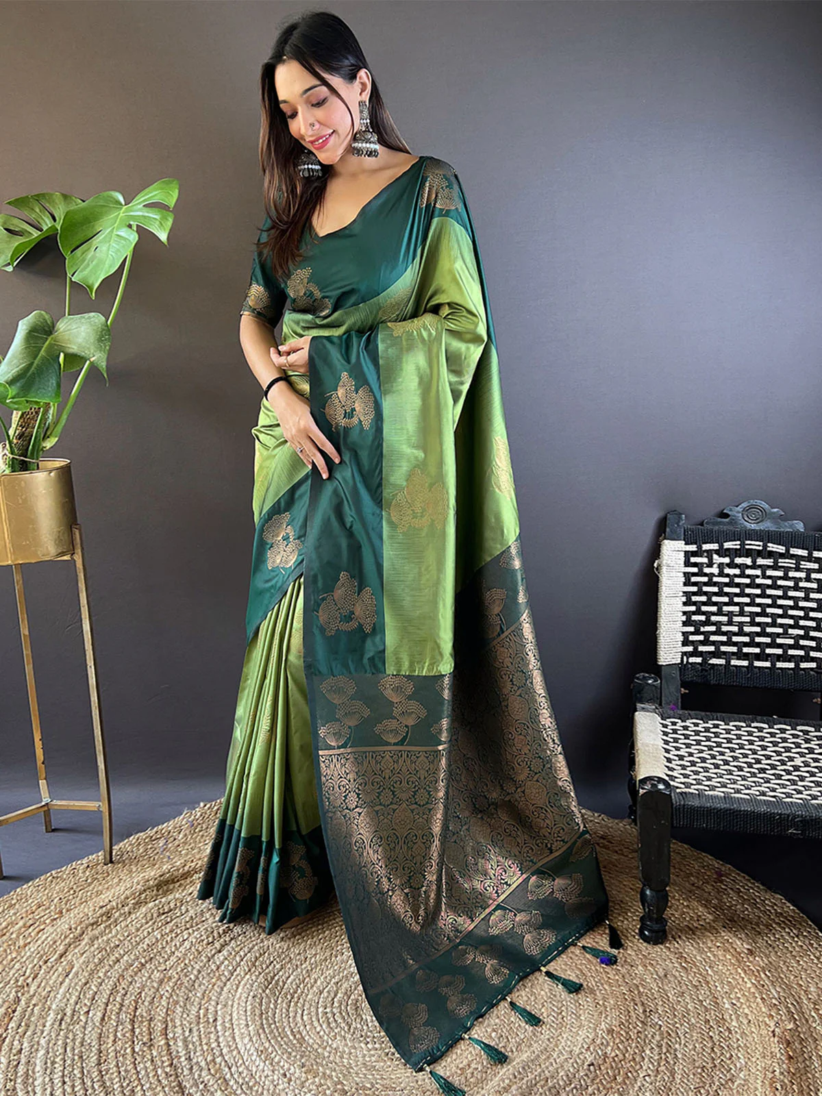 Odette Olive Woven Design Soft Silk Saree With Unstitched Blouse For Women