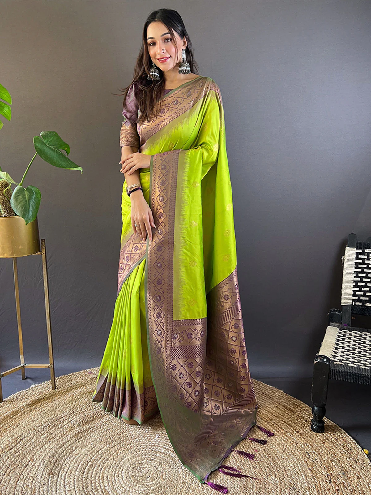 Odette Olive Woven Design Soft Silk Saree With Unstitched Blouse For Women