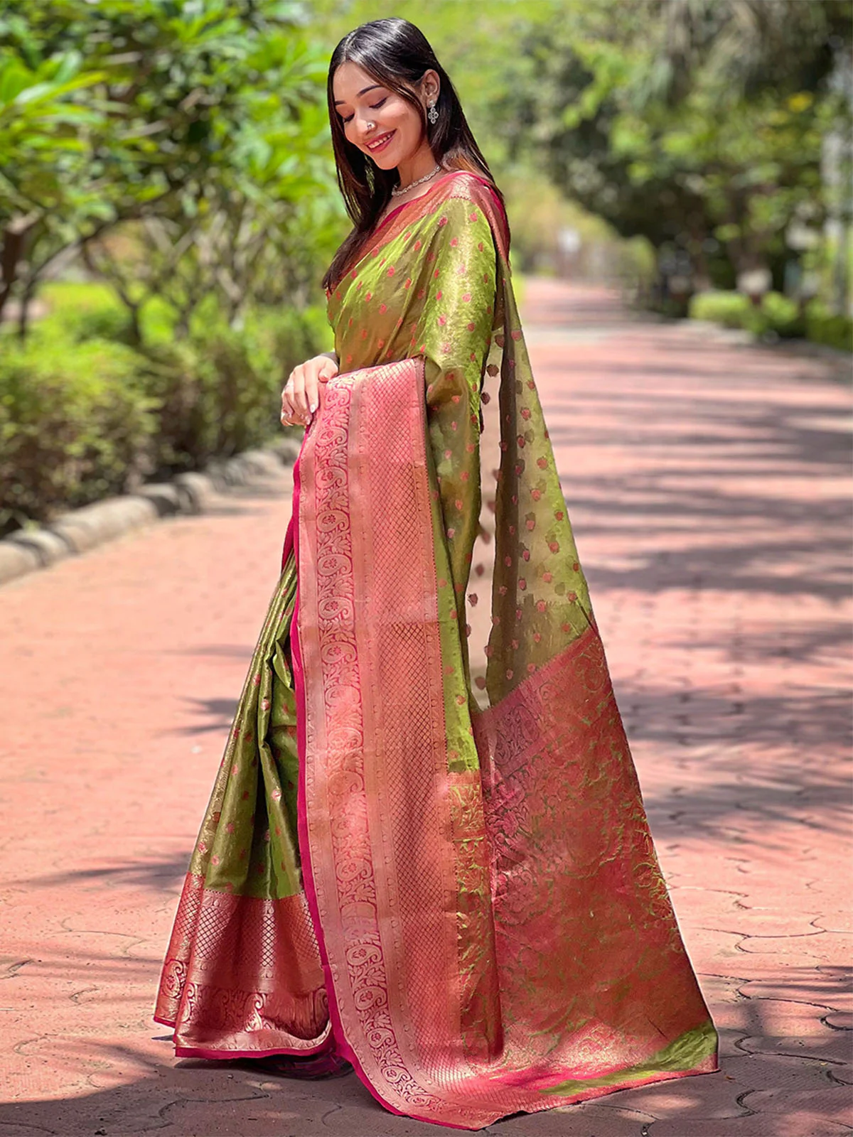 Odette Olive Woven Design Tissue Silk Saree With Unstitched Blouse For Women - Image 2