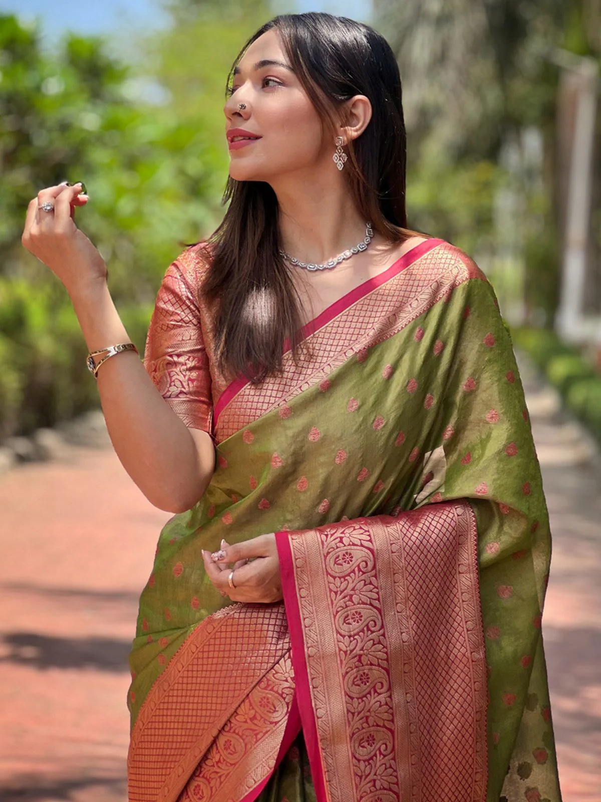 Odette Olive Woven Design Tissue Silk Saree With Unstitched Blouse For Women - Image 3