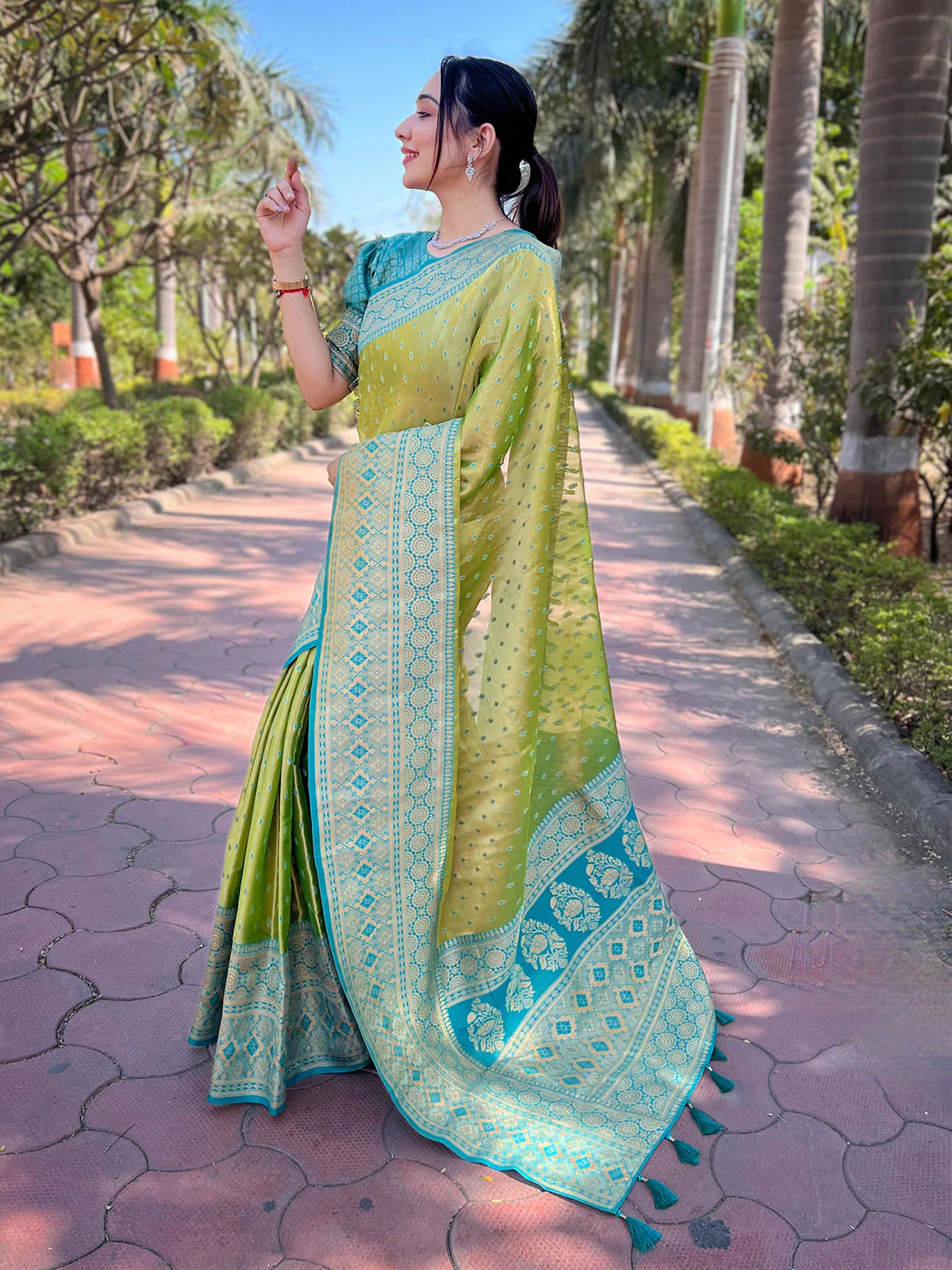Odette Olive Woven Design Tissue Silk Saree With Unstitched Blouse For Women - Image 2