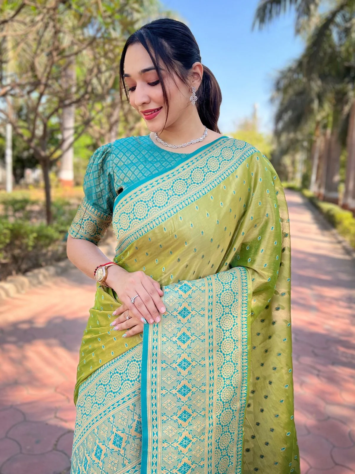 Odette Olive Woven Design Tissue Silk Saree With Unstitched Blouse For Women - Image 3