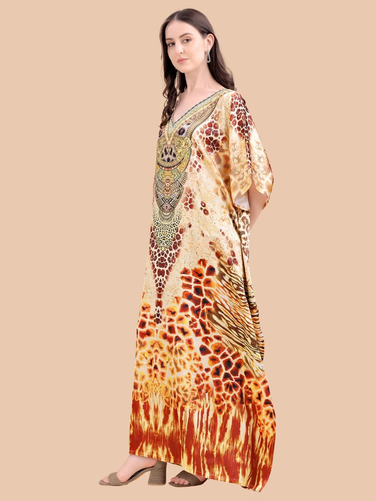 Odette Orange And Brown Satin Printed Kaftan For Women - Image 2