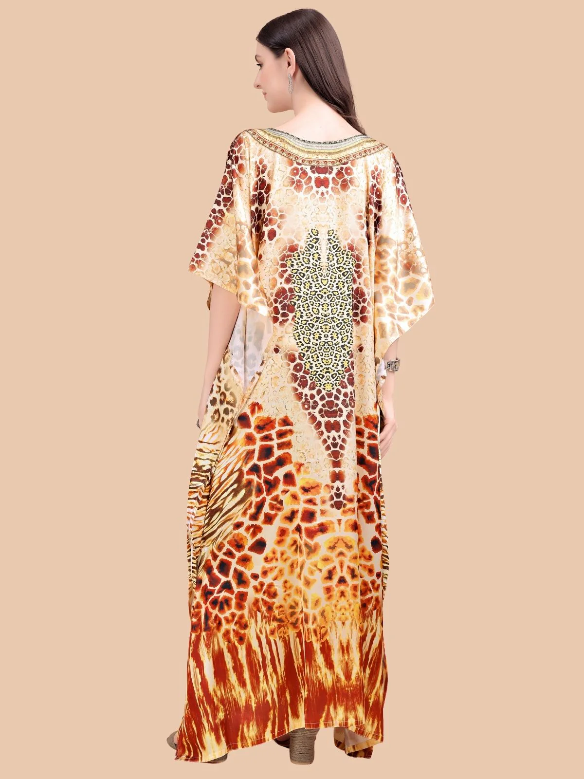 Odette Orange And Brown Satin Printed Kaftan For Women - Image 3