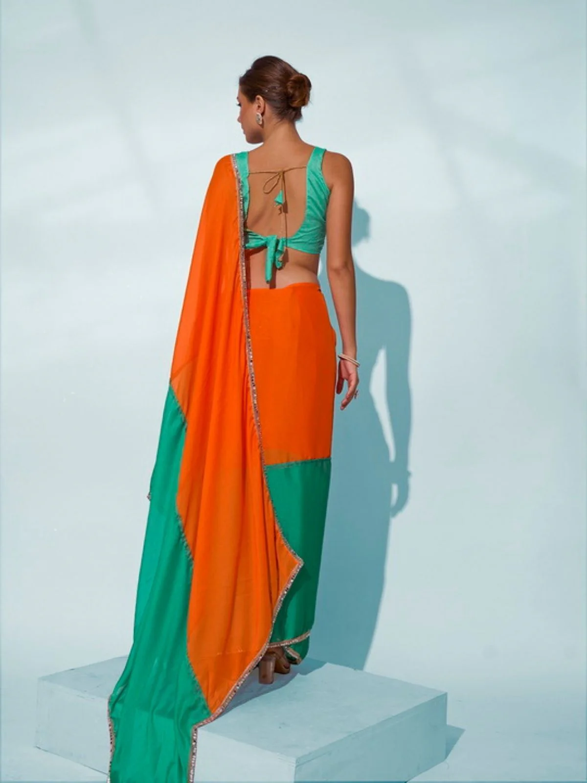 Odette Orange And Green Georgette Lace Work Saree With Unstitched Blouse For Women - Image 5