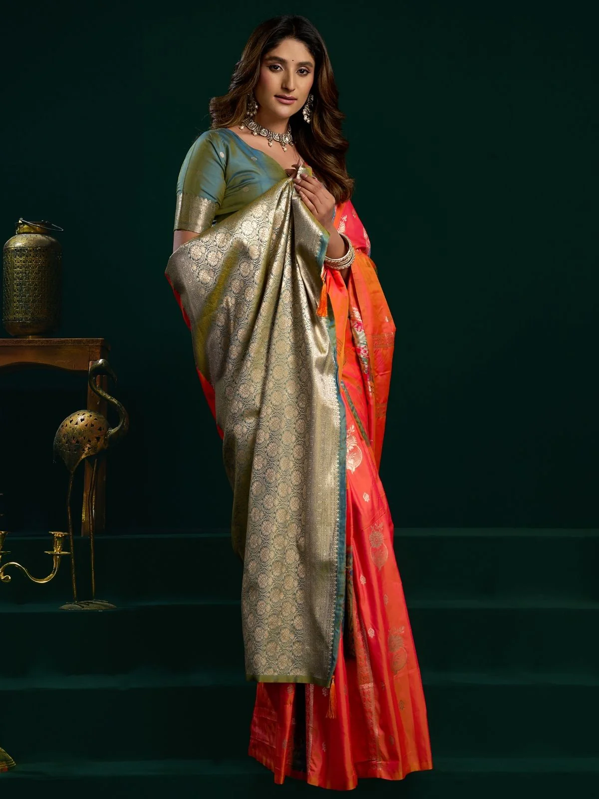 Odette Orange and Green Silk Blend Woven Saree For Women - Image 3