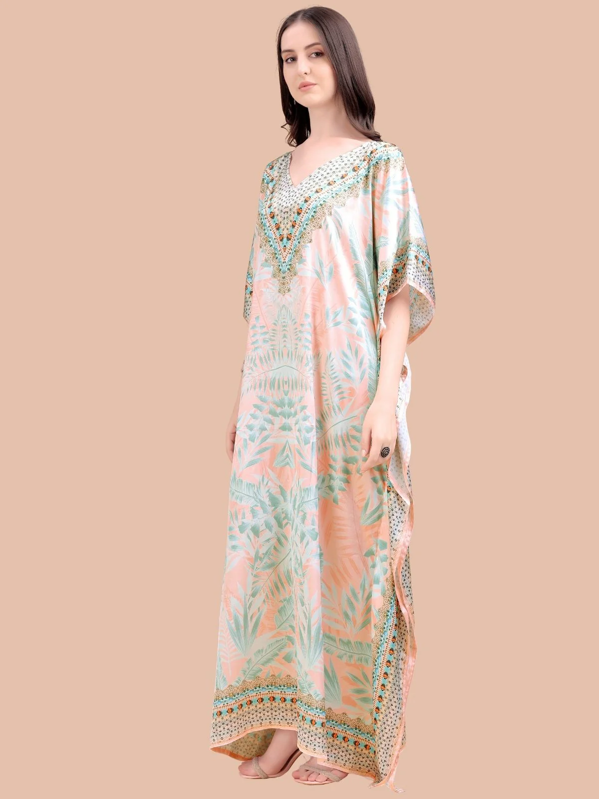Odette Orange And Light Green Satin Printed Kaftan For Women - Image 2