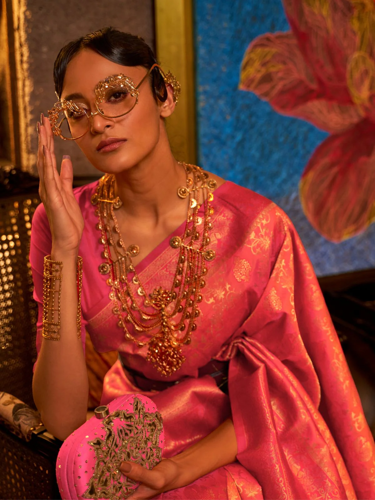 Odette Orange And Pink Woven Design Silk Blend Saree With Unstitched Blouse For Women - Image 2