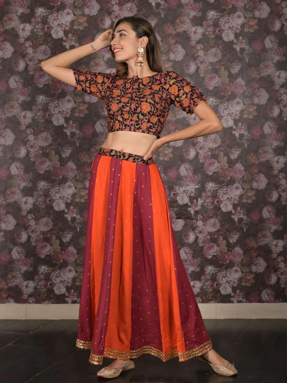Odette Orange And Purple Stitched Woven Slub Cotton Lehenga with Stitched Blouse For Women - Image 2