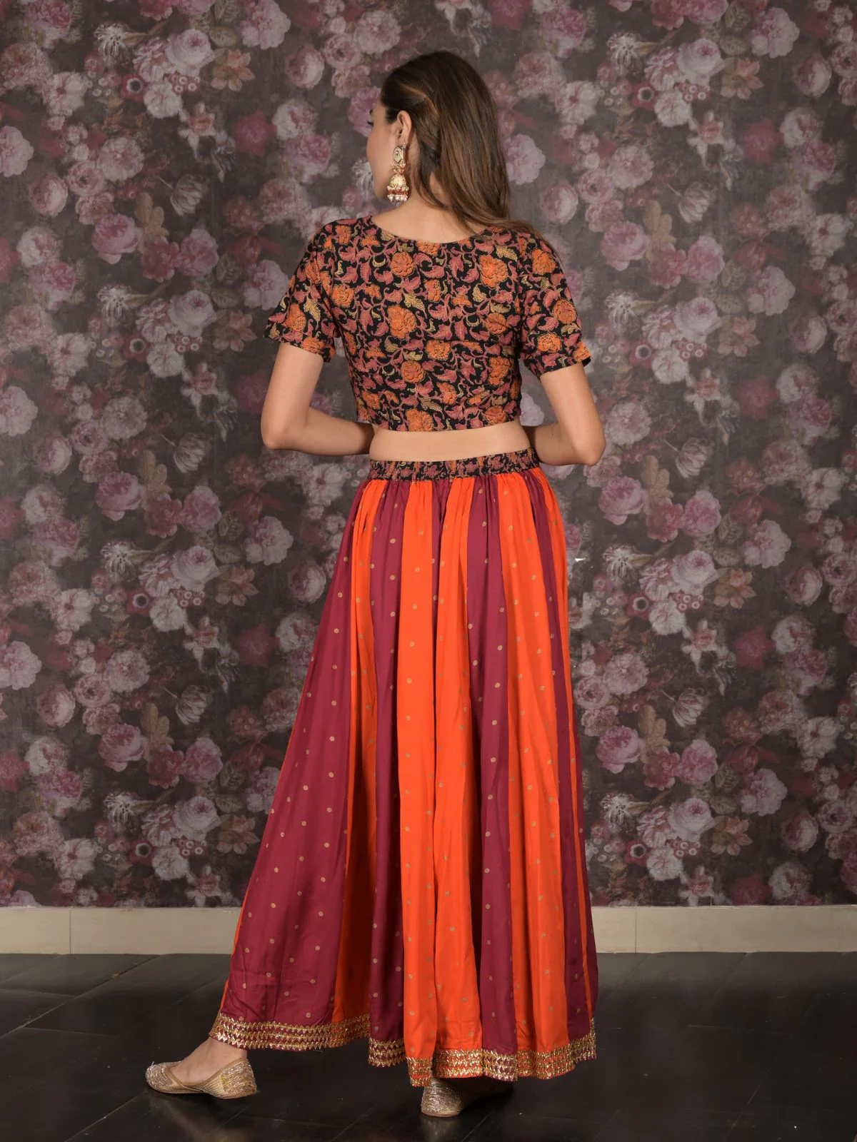 Odette Orange And Purple Stitched Woven Slub Cotton Lehenga with Stitched Blouse For Women - Image 4