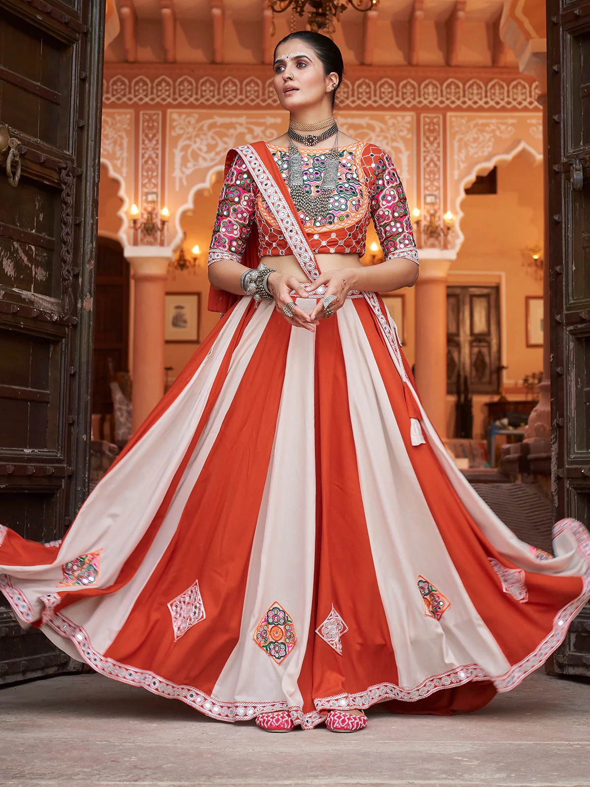 Odette Orange And White Rayon Embroidered Stitched Lehenga With Blouse For Women - Image 2