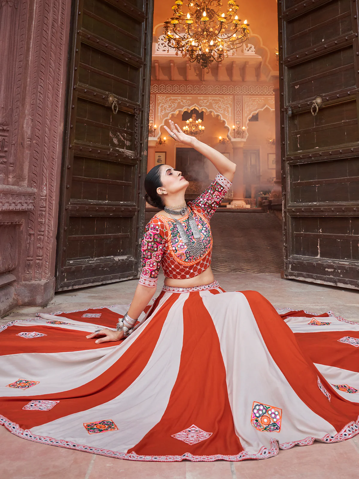 Odette Orange And White Rayon Embroidered Stitched Lehenga With Blouse For Women - Image 3