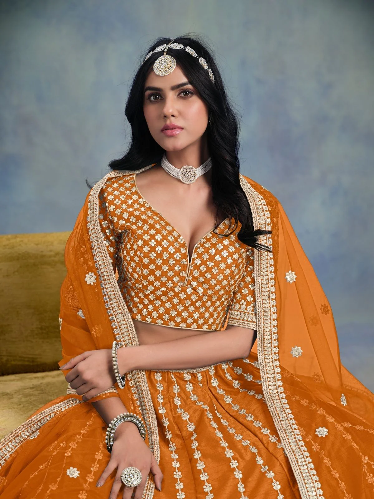 Odette Orange Art Silk Embellished Semi-Stitched lehenga For Women - Image 2