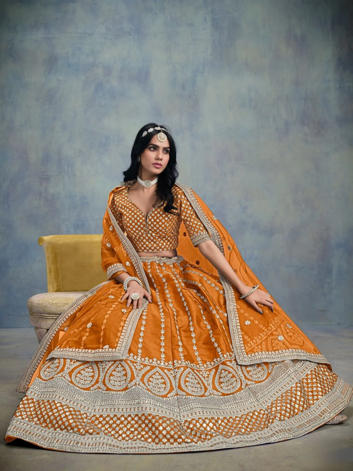 Odette Orange Art Silk Embellished Semi-Stitched lehenga For Women - Image 3