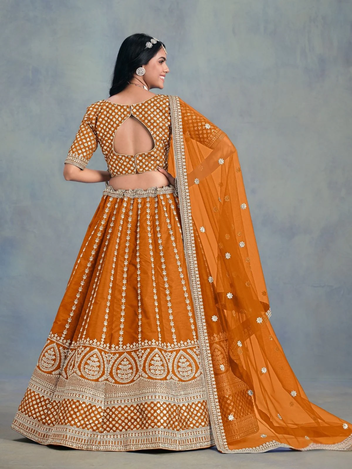 Odette Orange Art Silk Embellished Semi-Stitched lehenga For Women - Image 4
