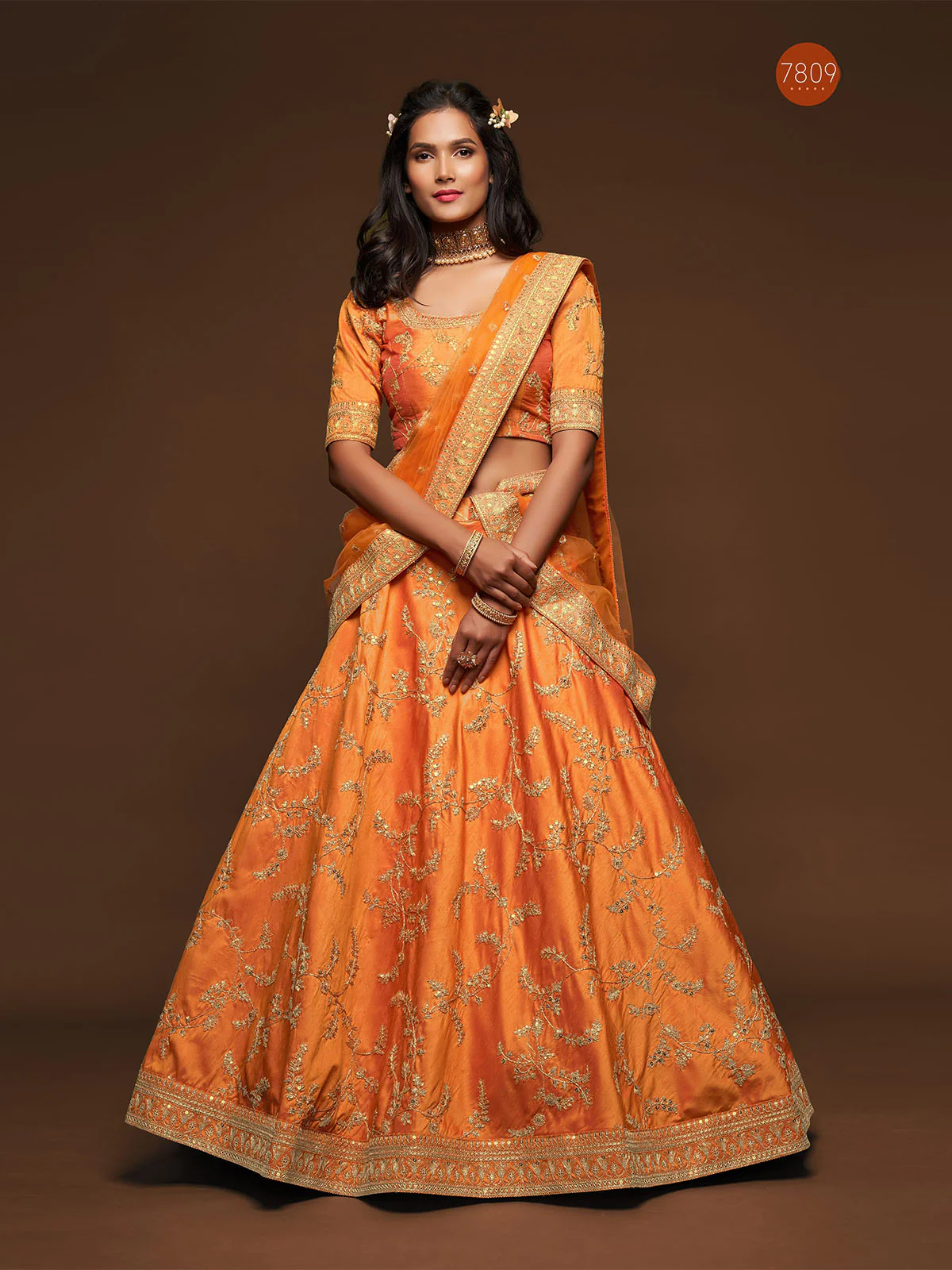 Odette Orange Art Silk Embroidered Semi Stitched Lehenga With Unstitched Blouse For Women - Image 3