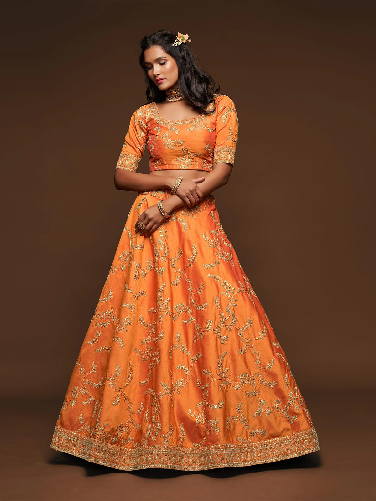 Odette Orange Art Silk Embroidered Semi Stitched Lehenga With Unstitched Blouse For Women - Image 4