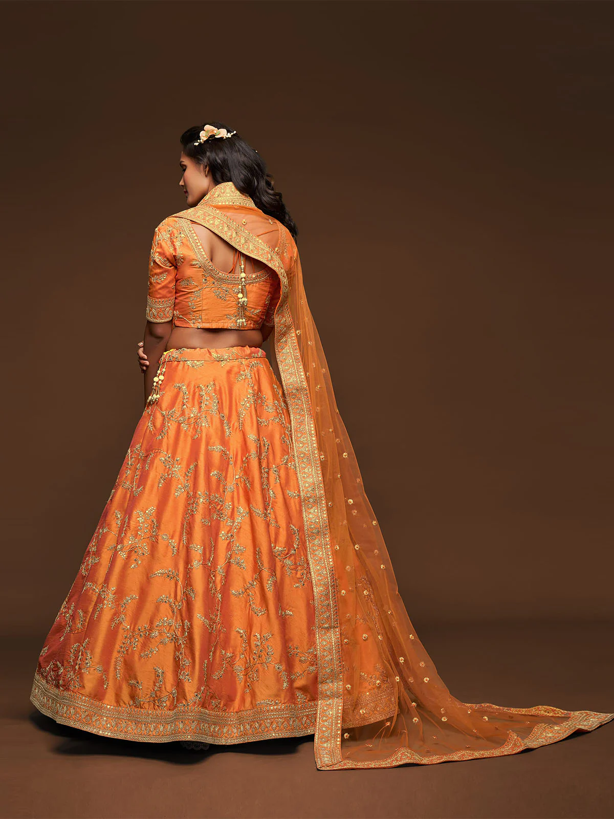 Odette Orange Art Silk Embroidered Semi Stitched Lehenga With Unstitched Blouse For Women - Image 5
