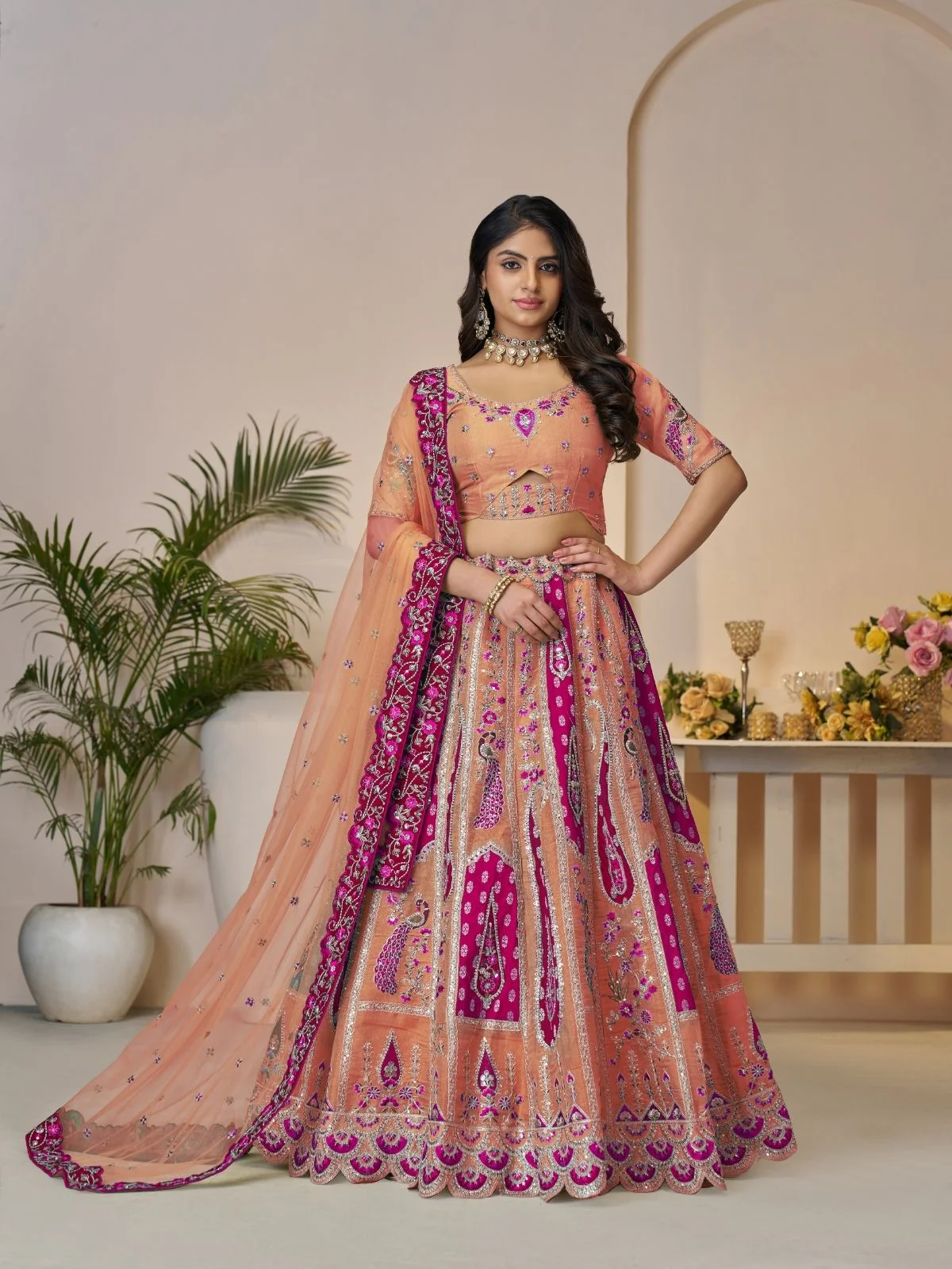 Odette Orange Banarasi Silk Embroidered Semi-Stitched Lehenga For Women