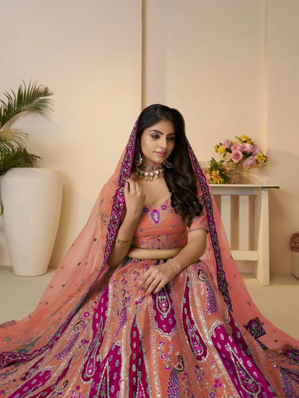Odette Orange Banarasi Silk Embroidered Semi-Stitched Lehenga For Women - Image 3