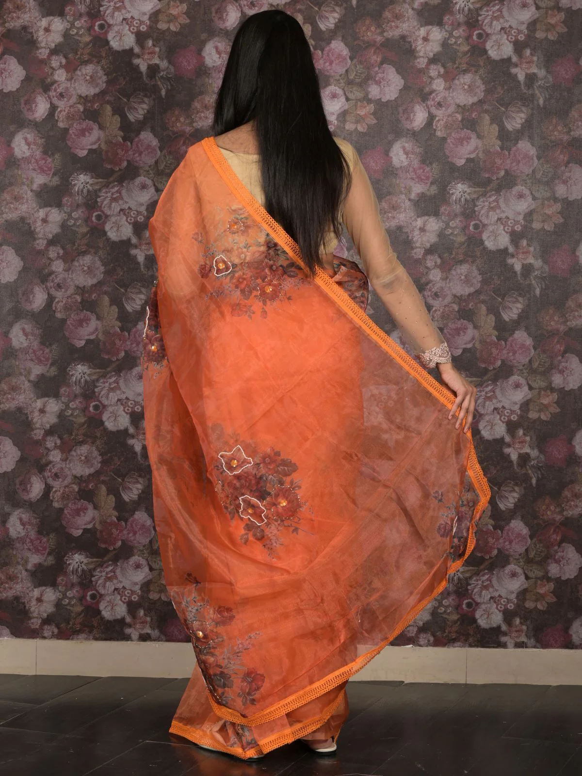 Odette Orange Beads Embroidered Floral Printed Organza Saree for Women - Image 4