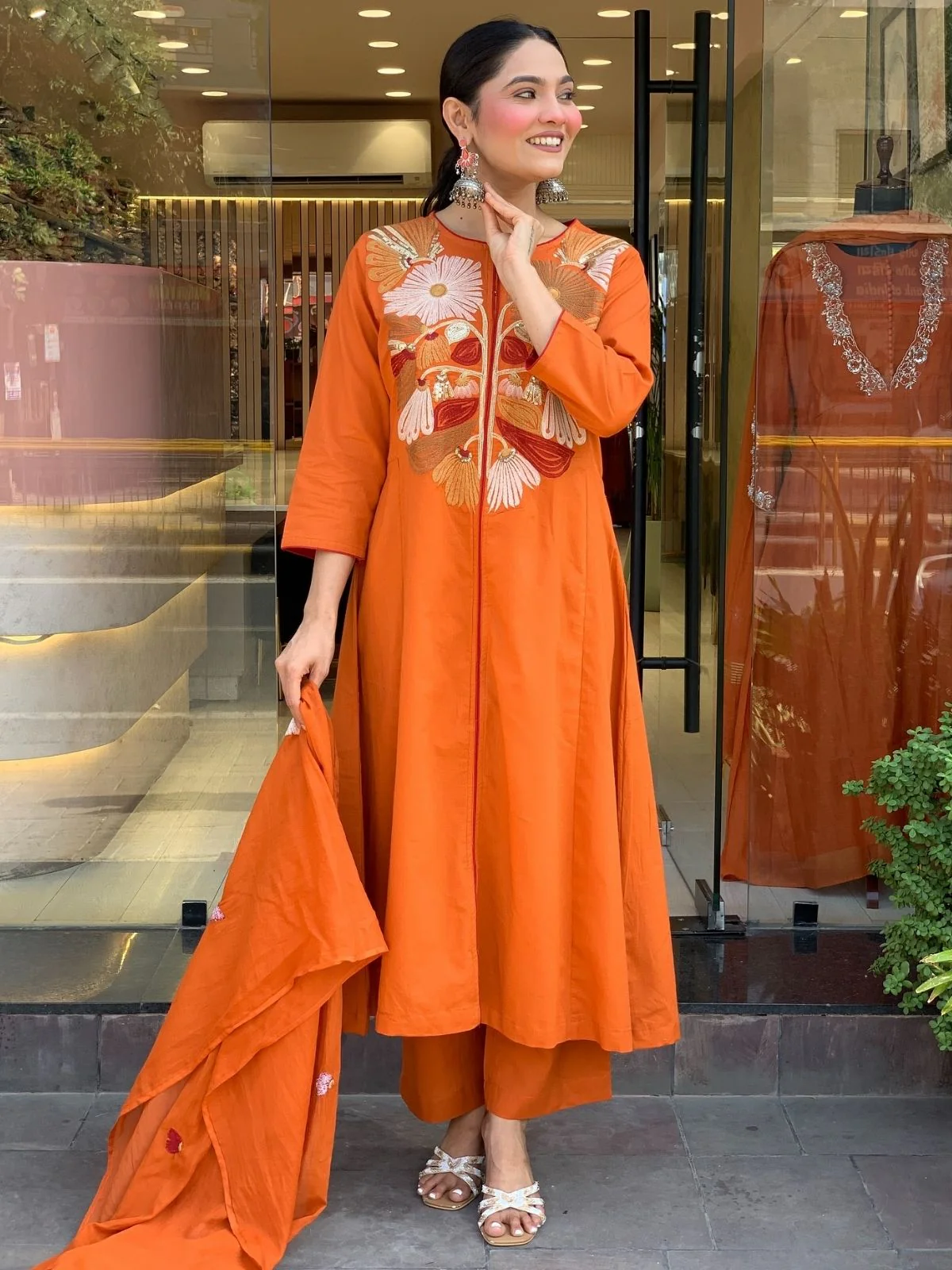 Odette Orange Chanderi Embriodered Stitched Kurta Set For Women