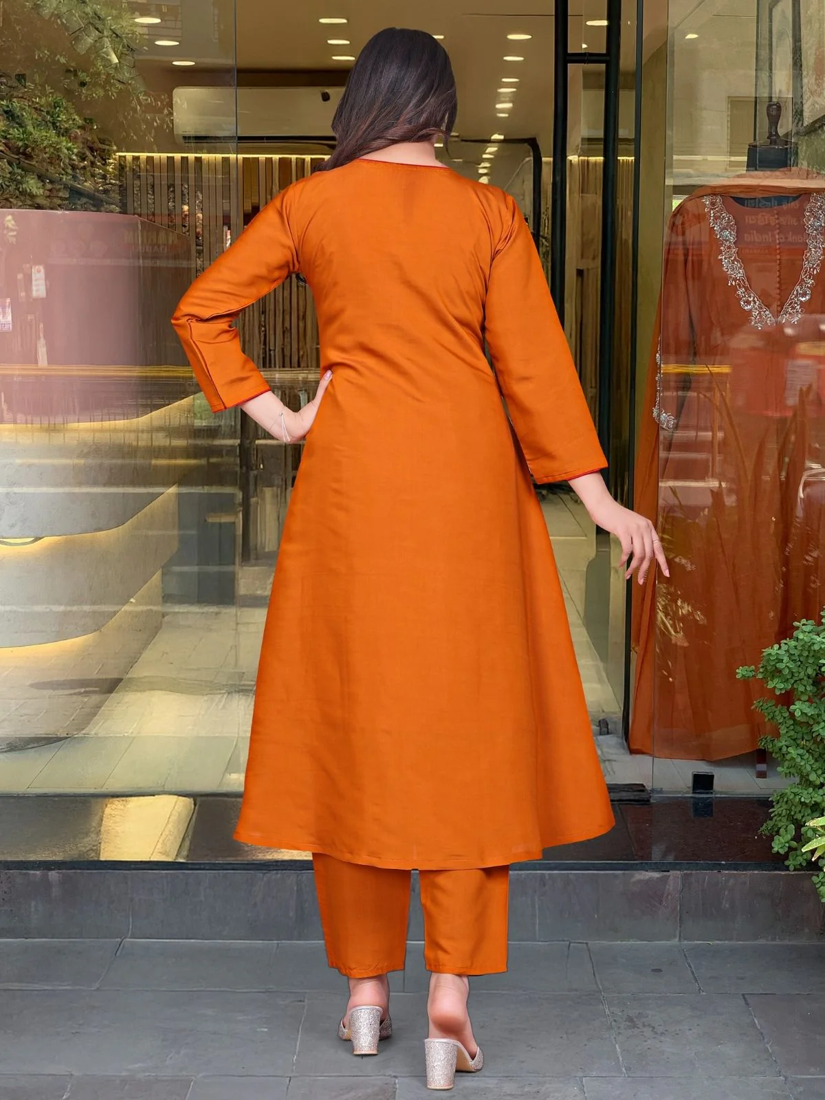 Odette Orange Chanderi Embriodered Stitched Kurta Set For Women - Image 2