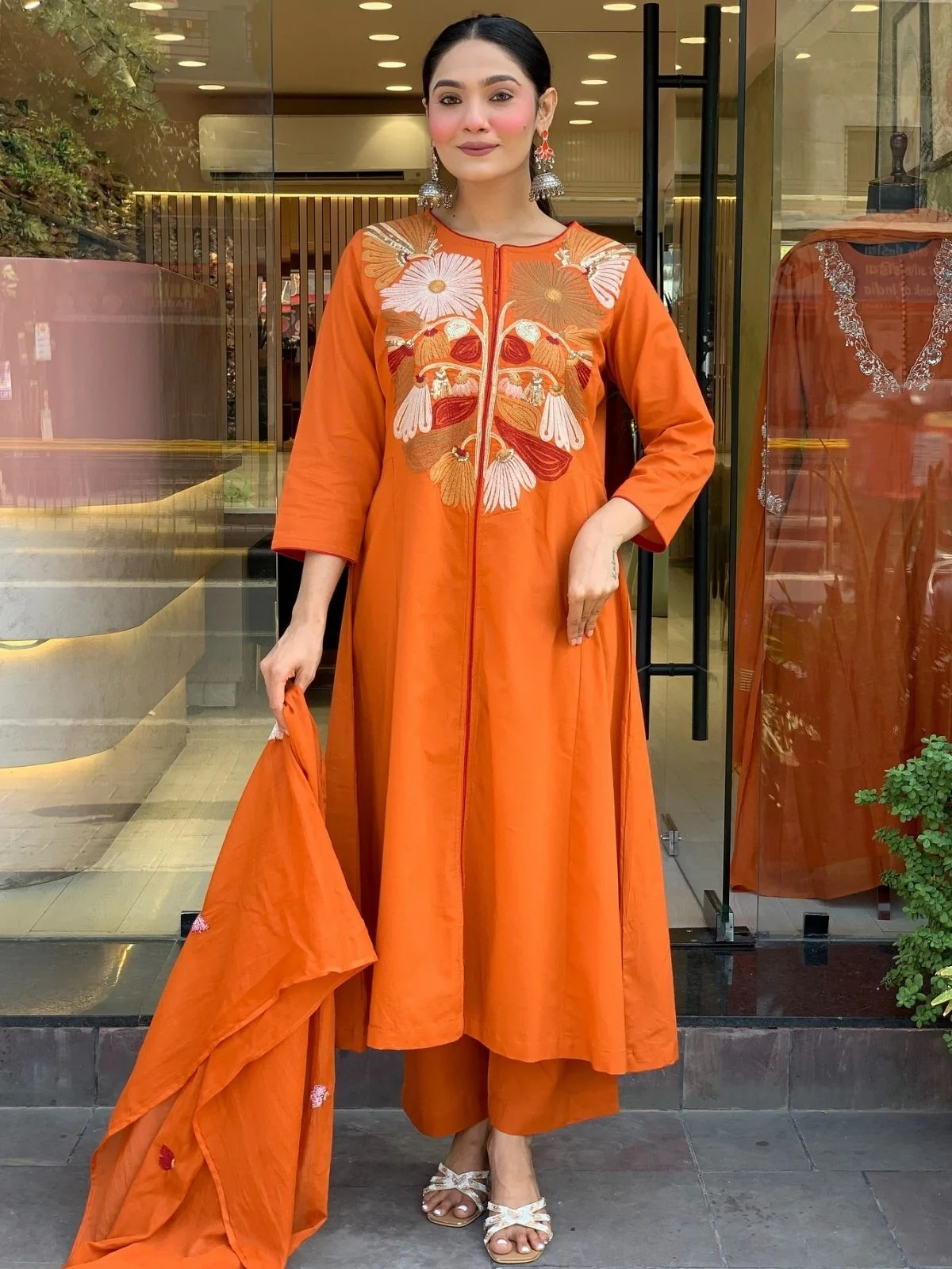 Odette Orange Chanderi Embriodered Stitched Kurta Set For Women - Image 3