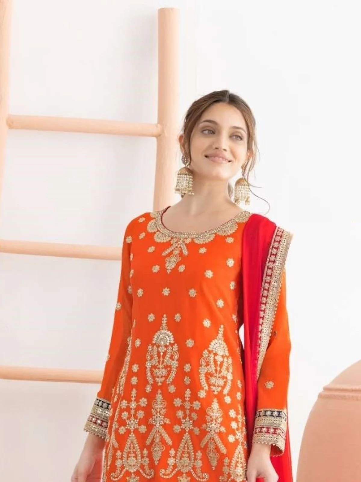 Odette Orange Chinon Embellished Semi Stitched Kurta Set For Women - Image 2