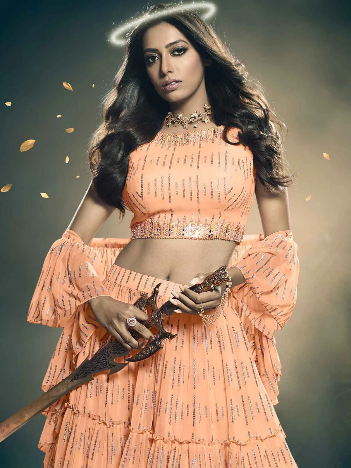 Odette Orange Art Silk Embellished Semi Stitched Lehenga With Unstitched Blouse For Women - Image 3