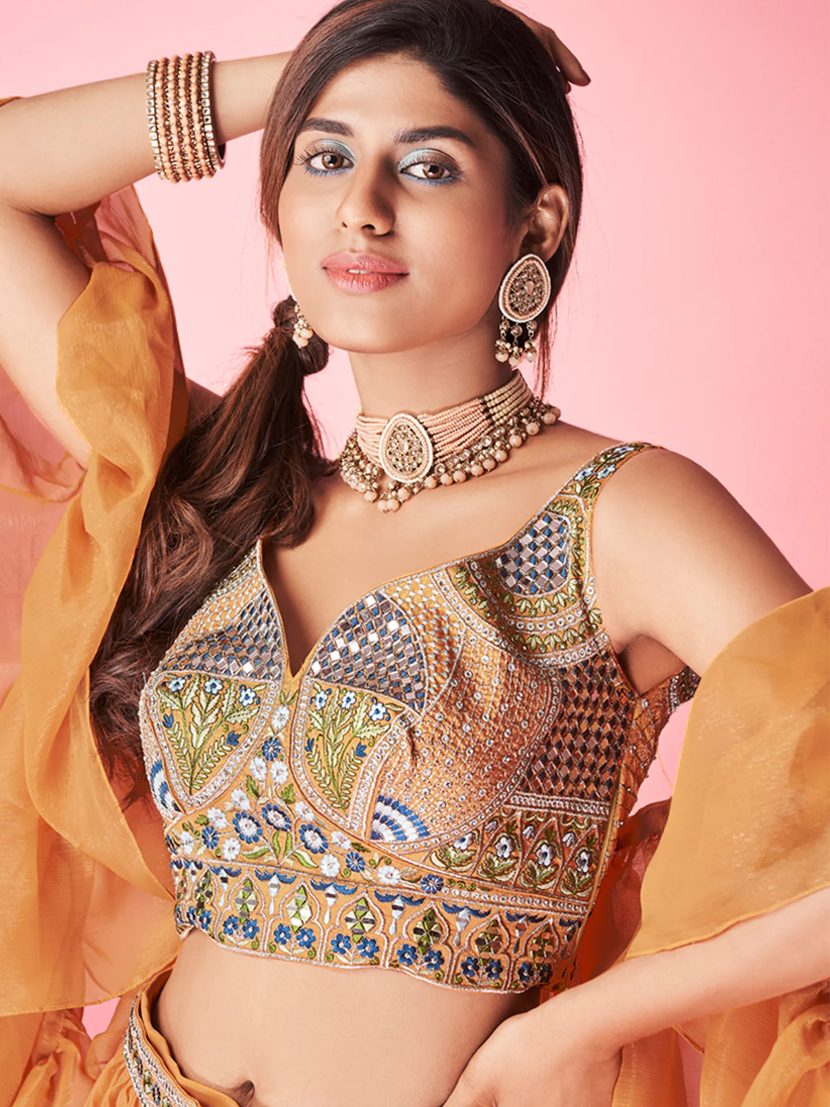 Odette Orange Chiffon Embellished Semi Stitched Lehenga With Unstitched Blouse For Women - Image 3