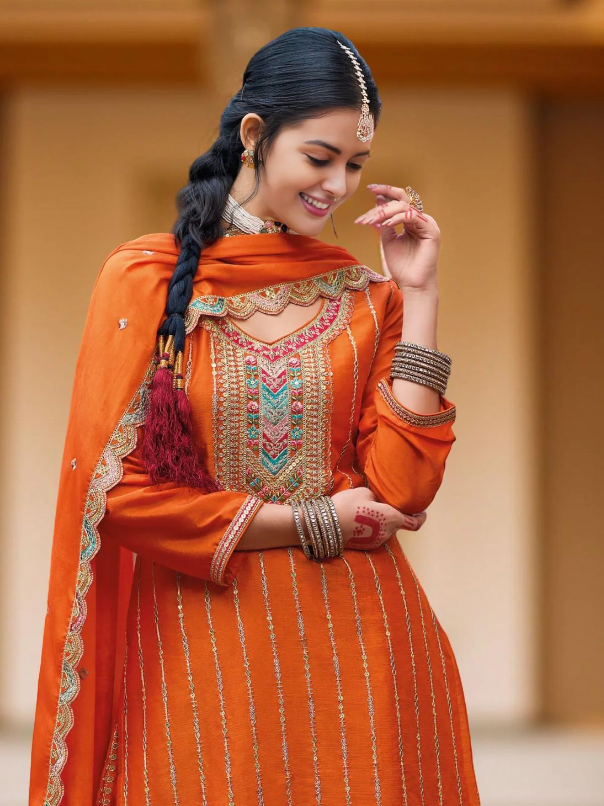 Odette Orange Chinon Embroidered Stitched Kurta Set For Women - Image 2